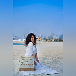 America & Beyond CHAMPAGNE FOREVER TOTE-HAND BEADED JUTE TOTE FOR WOMEN